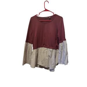 Halogen Mixed Woven Knit Top with Shirting Peplum & Bell Sleeves Size L